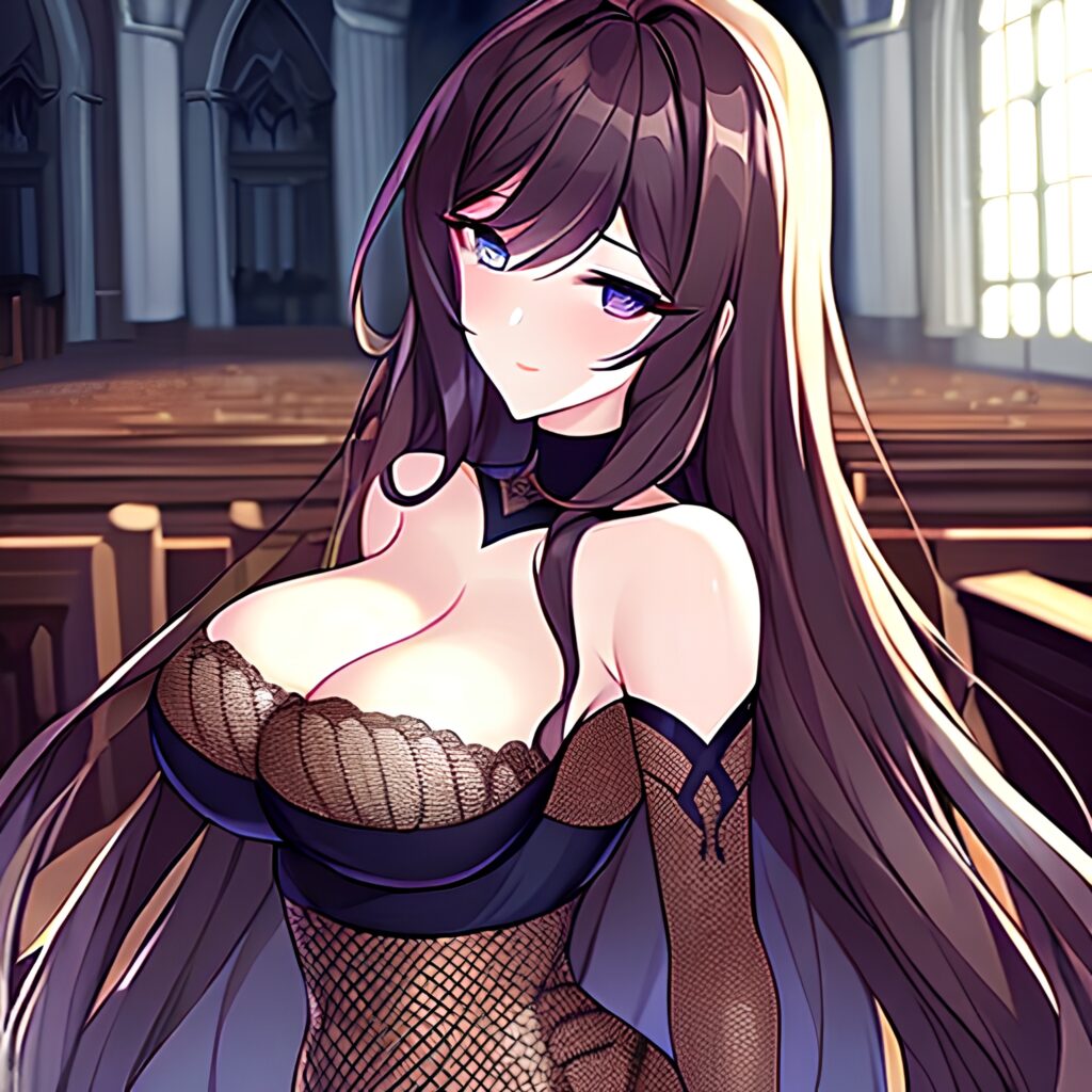 long hair brunette church fishnet messy hair woman 