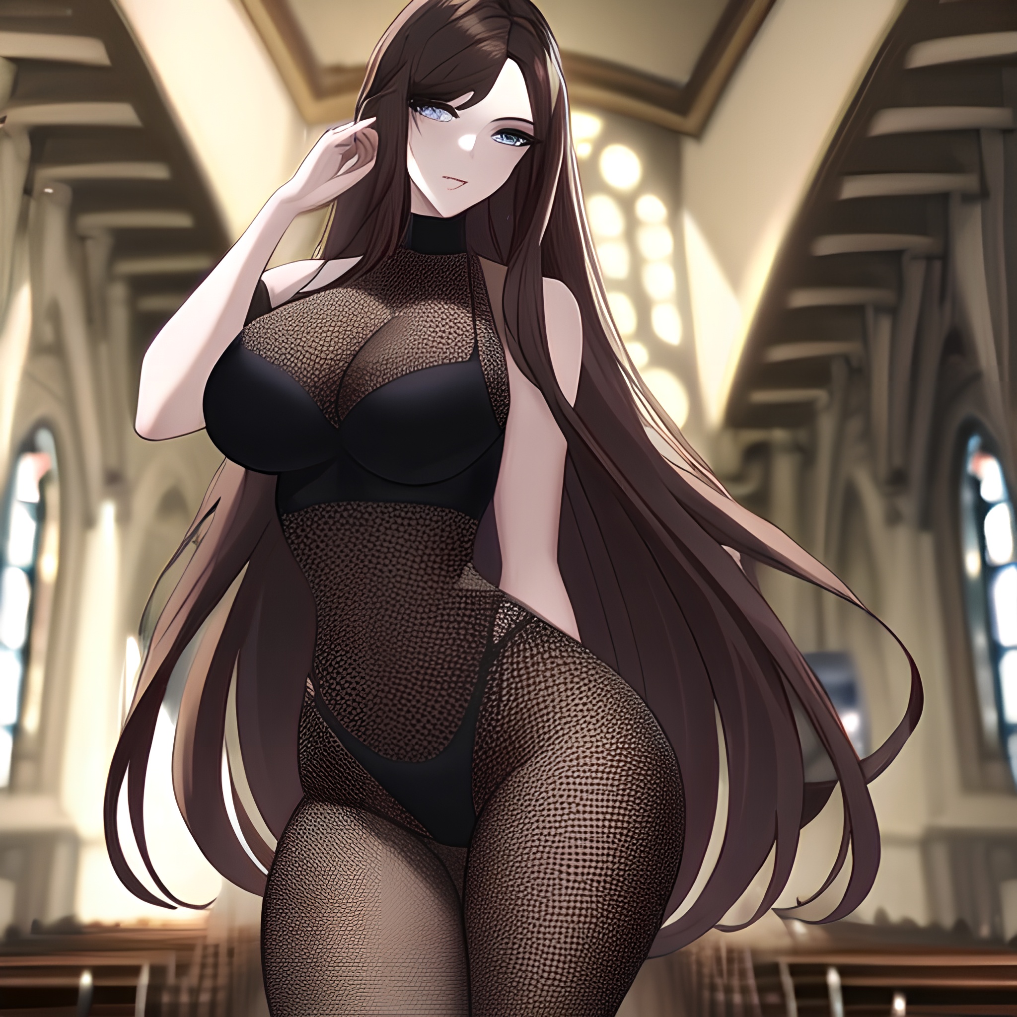 long hair brunette church fishnet messy hair woman 