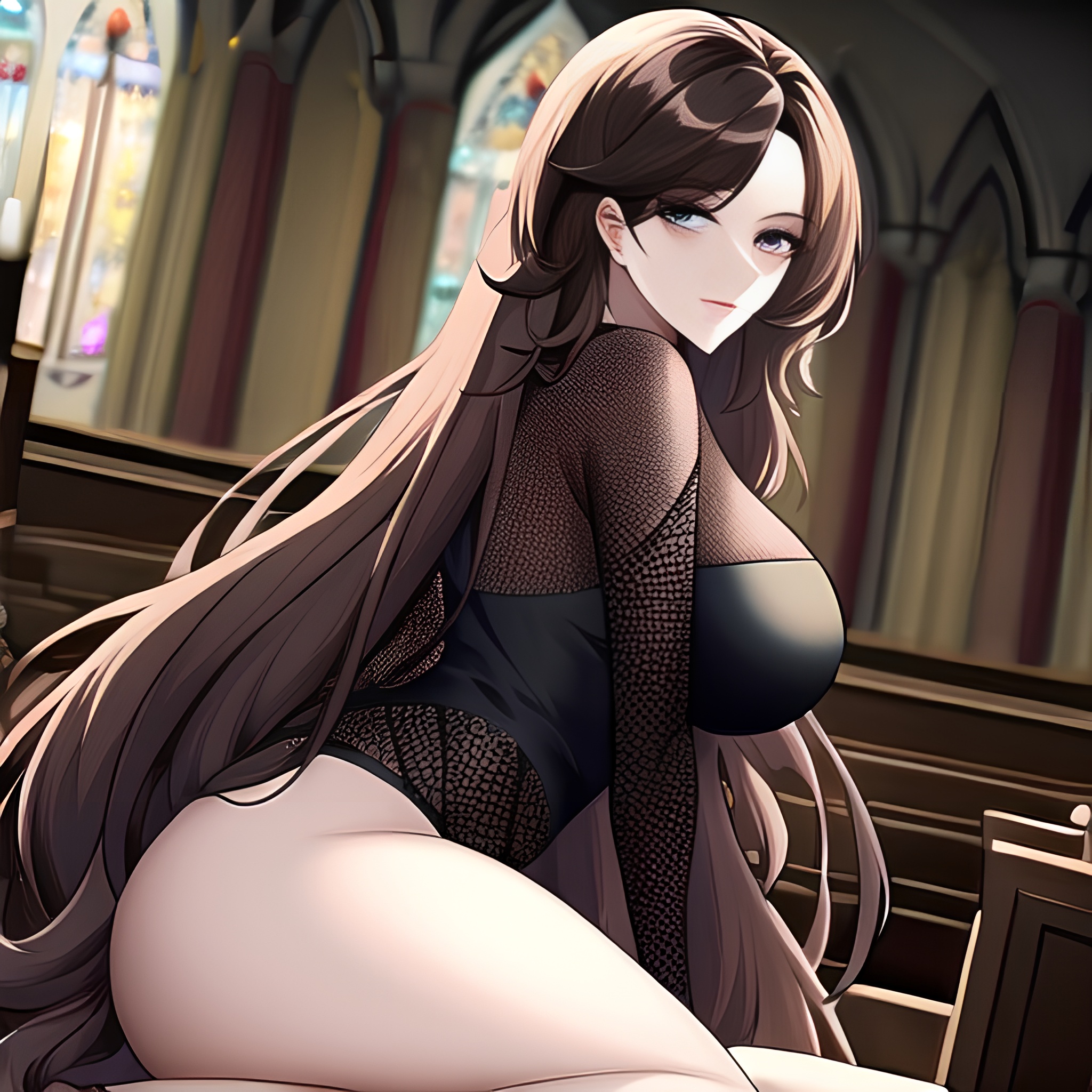 long hair brunette church fishnet messy hair woman 