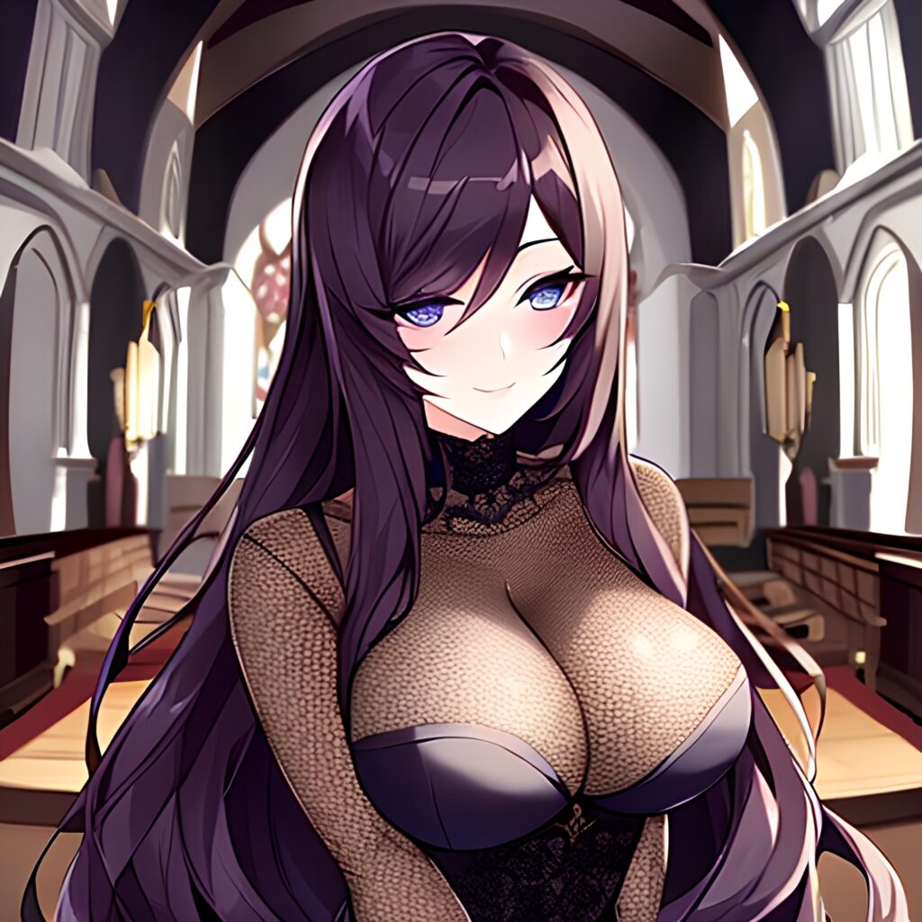 long hair brunette church fishnet woman messy hair