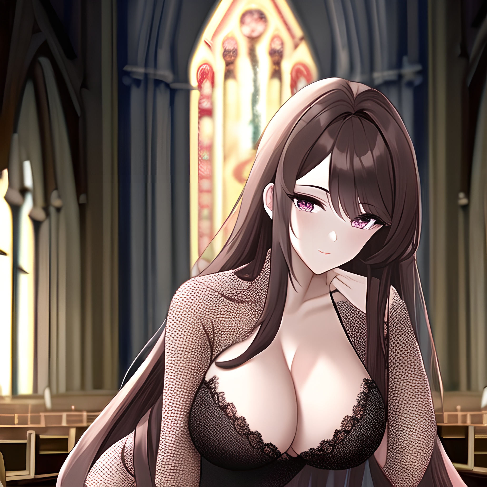 long hair brunette church fishnet woman messy hair 