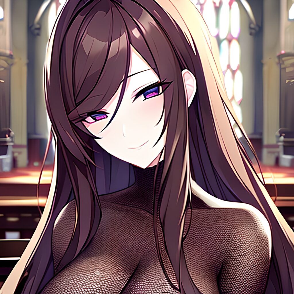 long hair brunette church fishnet woman messy hair 