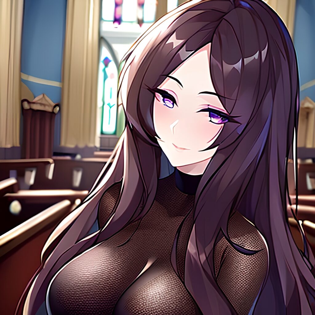 long hair brunette church fishnet woman messy hair
