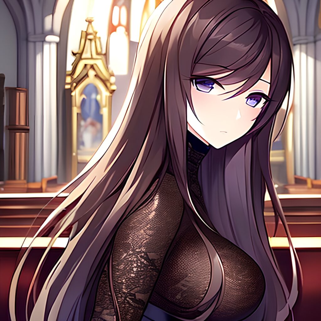 long hair brunette church fishnet woman messy hair 