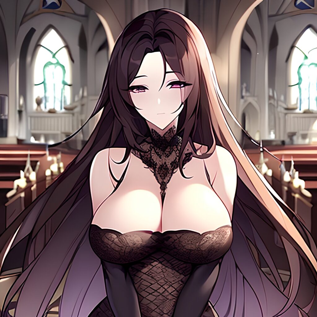 long hair brunette church fishnet woman messy hair