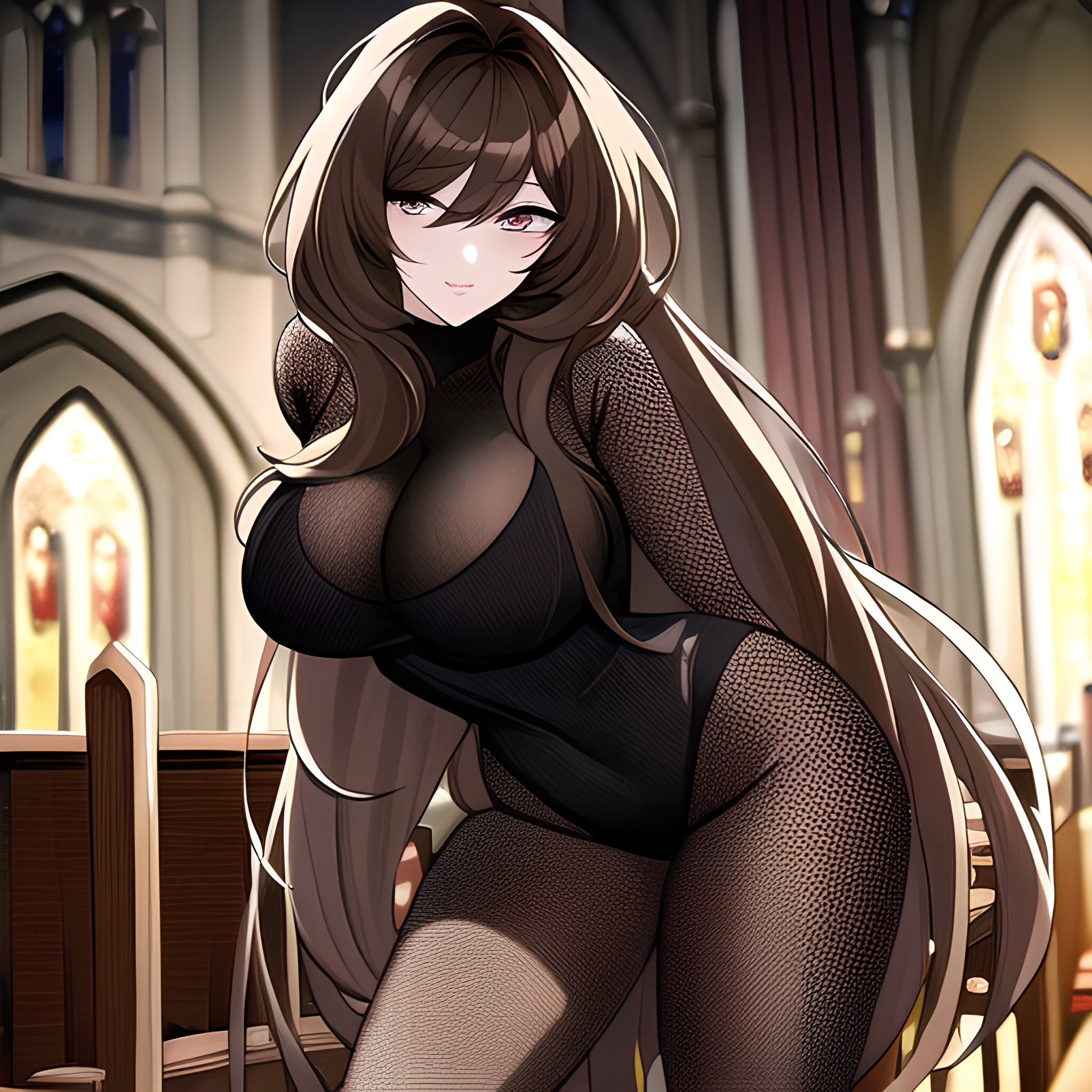 long hair brunette church messy hair fishnet woman 