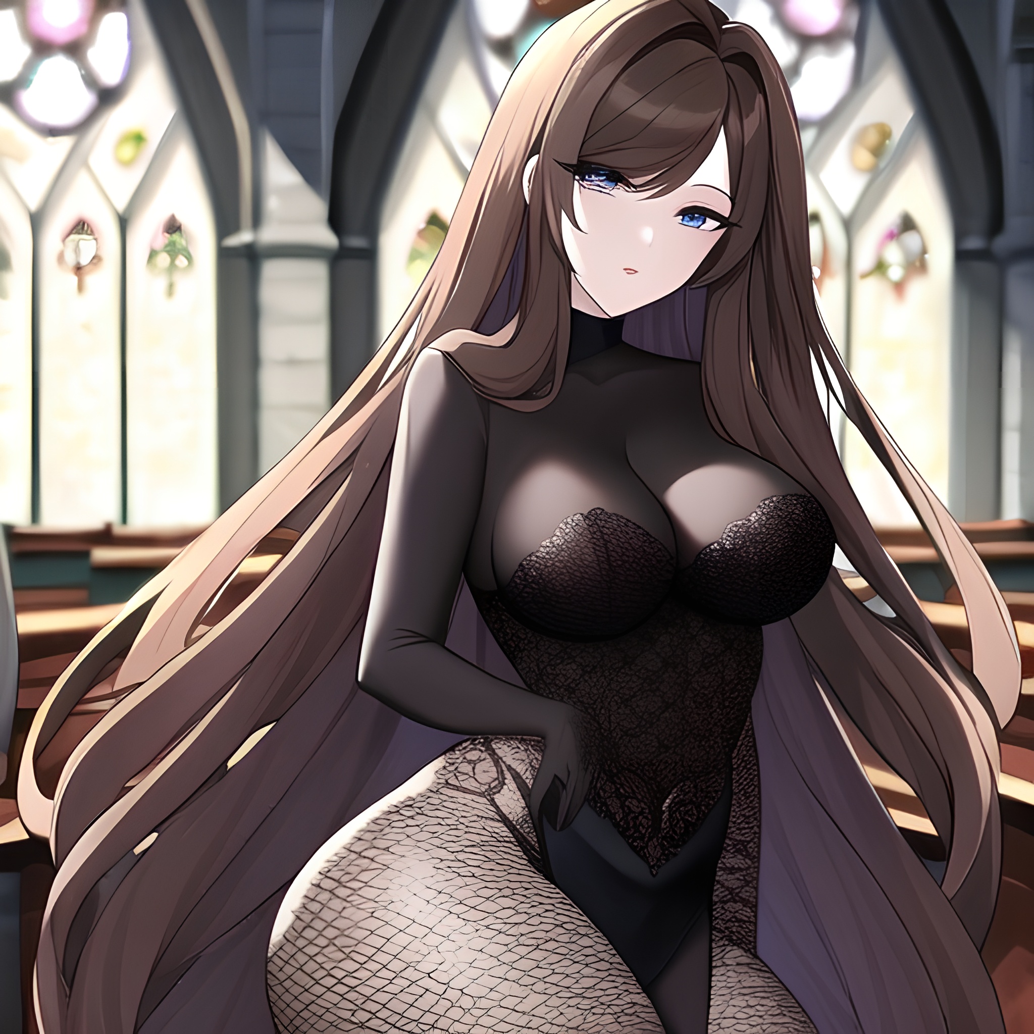 long hair brunette church messy hair fishnet woman 