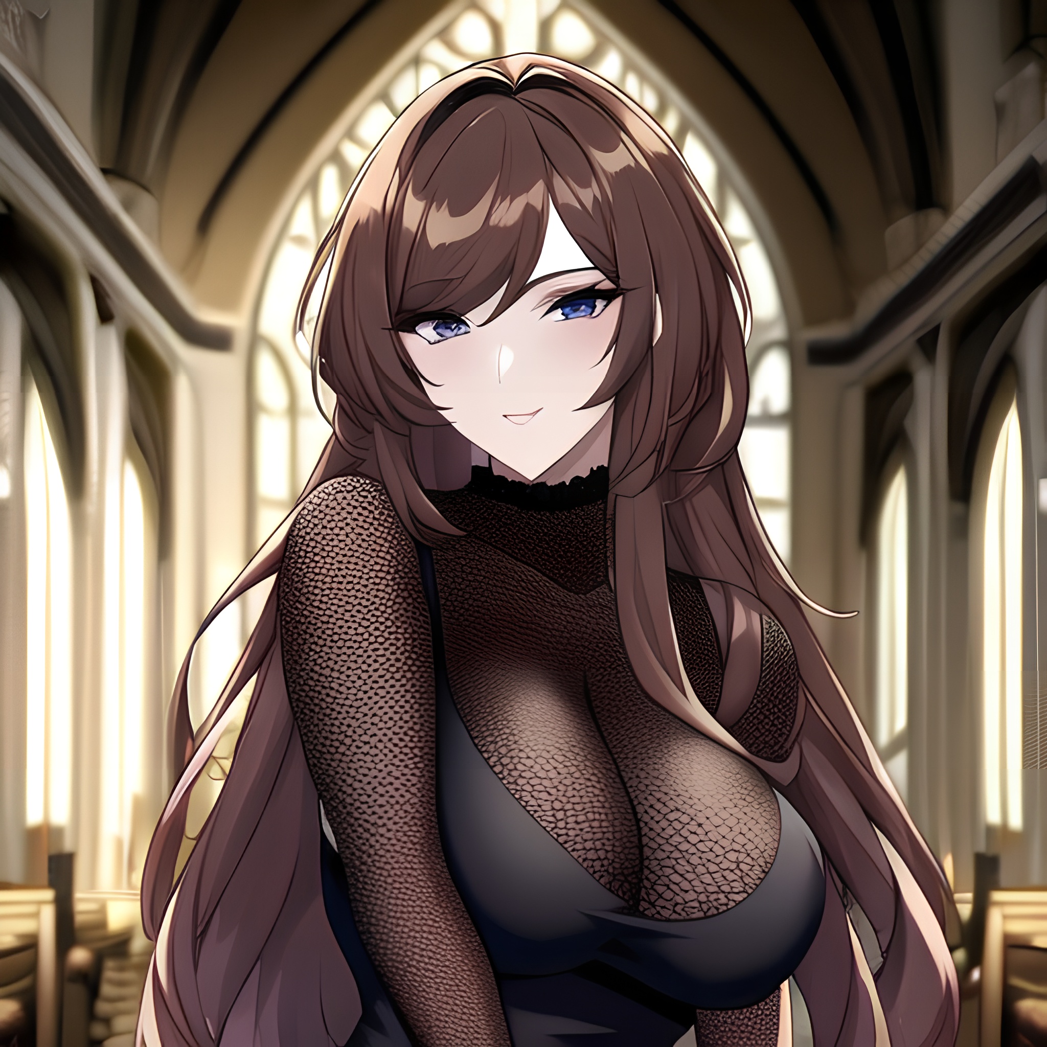 long hair brunette church messy hair fishnet woman
