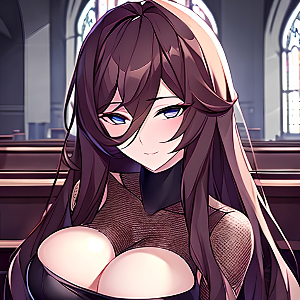 long hair brunette church messy hair fishnet woman
