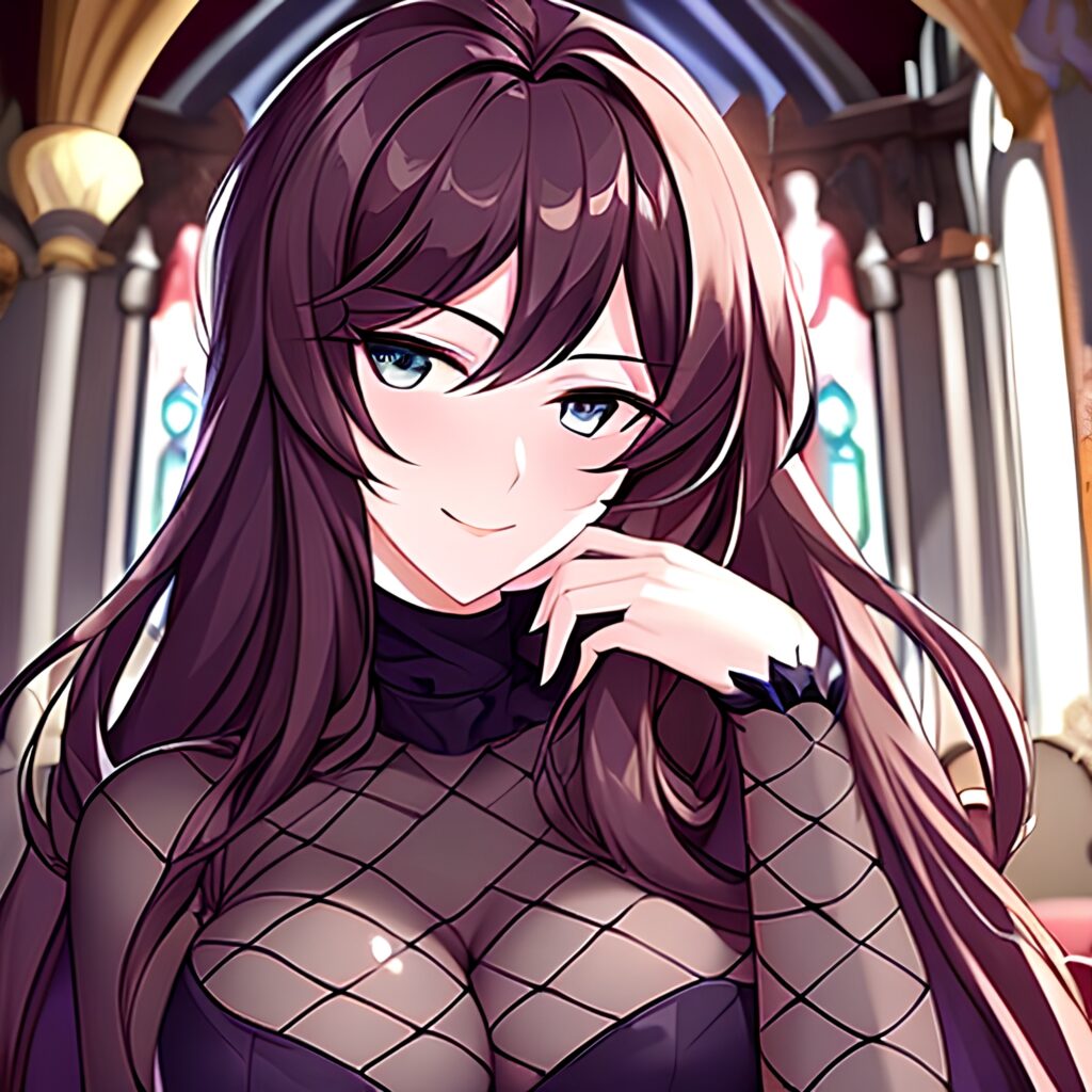 long hair brunette church messy hair fishnet woman
