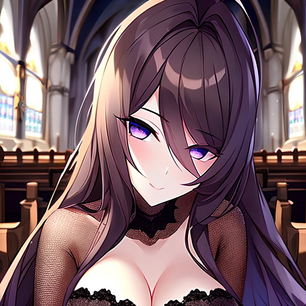 long hair brunette church messy hair woman fishnet