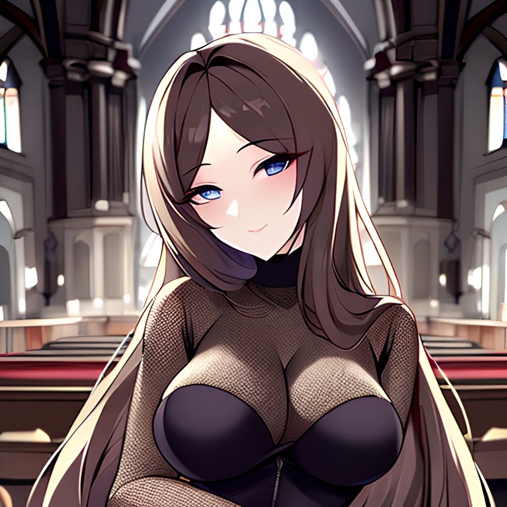 long hair brunette church messy hair woman fishnet 