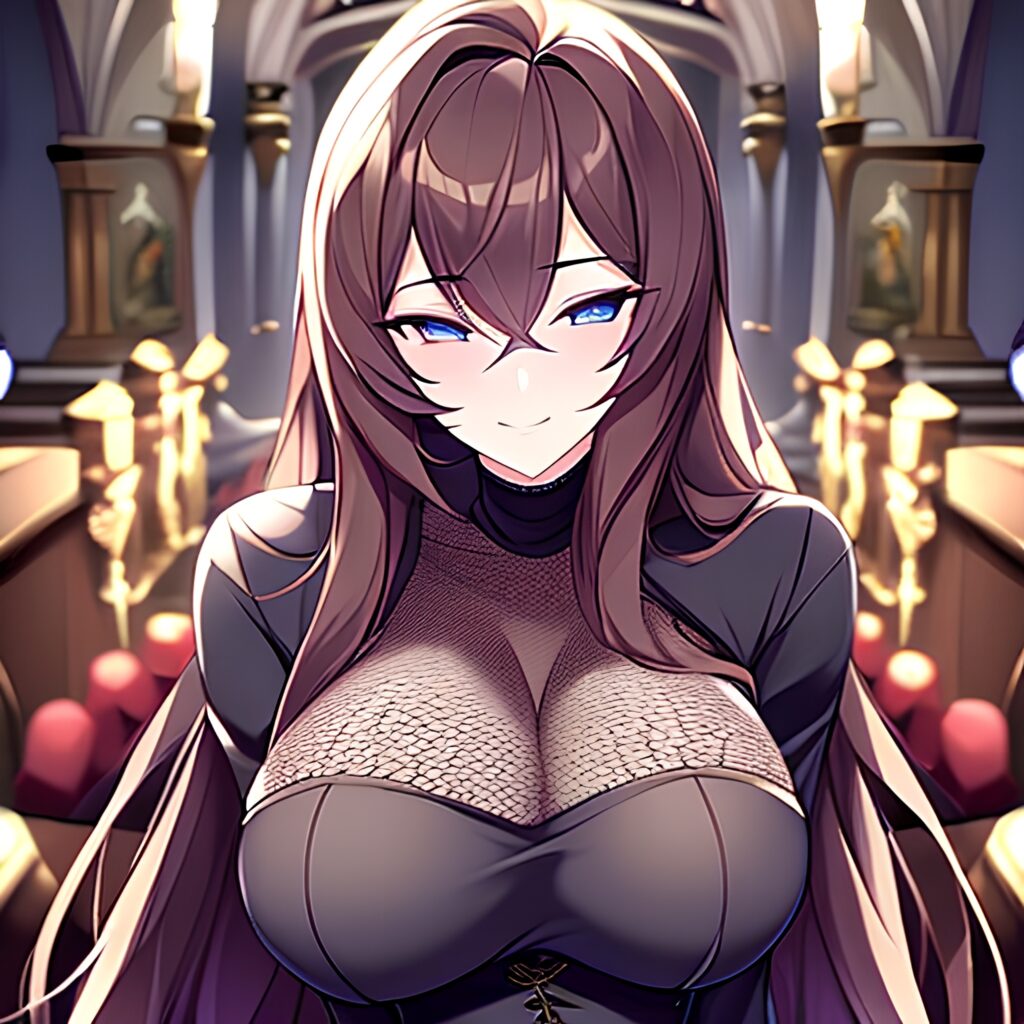 long hair brunette church woman messy hair fishnet 