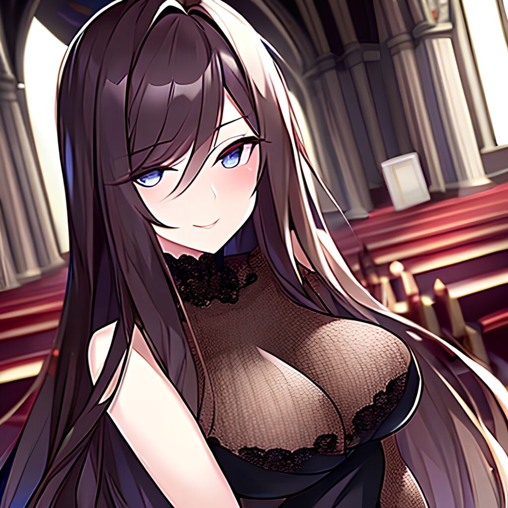 long hair brunette church woman messy hair fishnet 