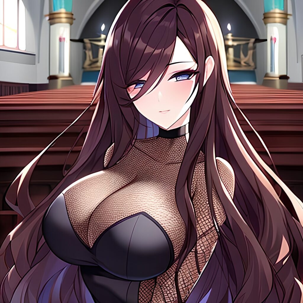 long hair brunette church woman messy hair fishnet 