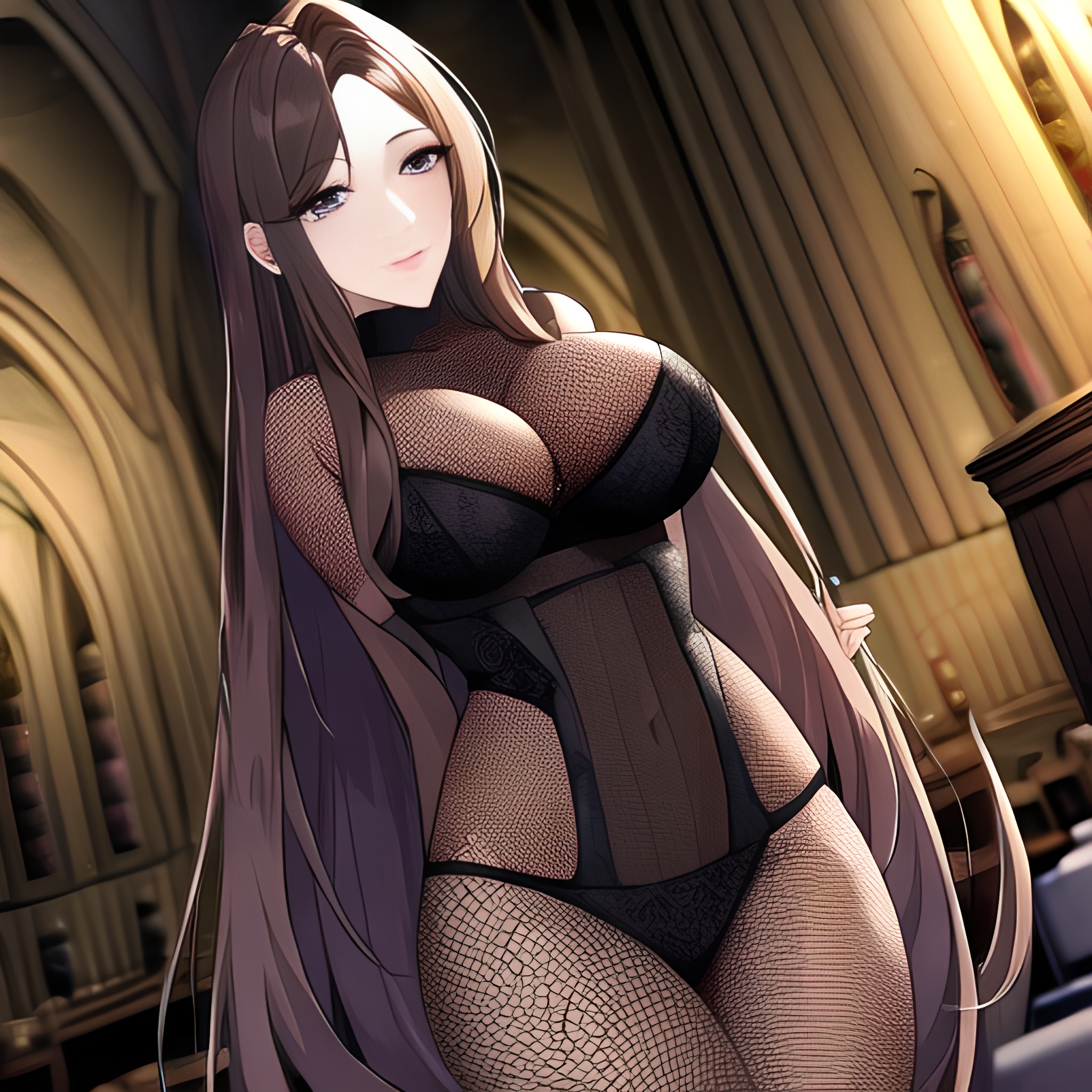 long hair brunette fishnet church messy hair woman 