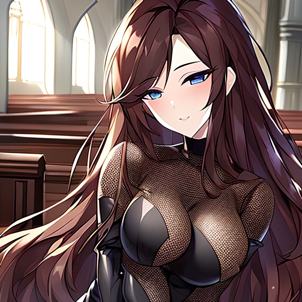 long hair brunette fishnet church woman messy hair 