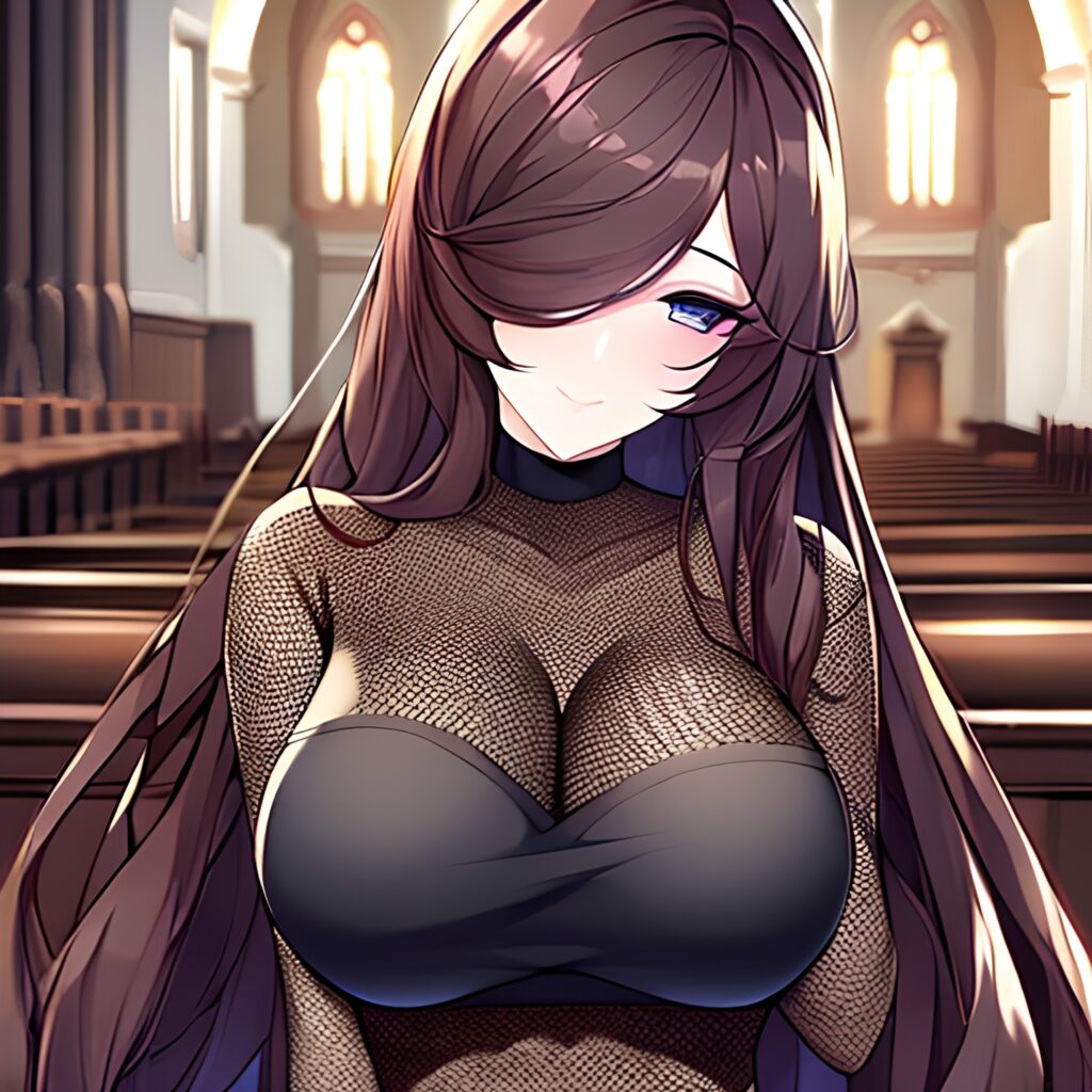 long hair brunette fishnet church woman messy hair