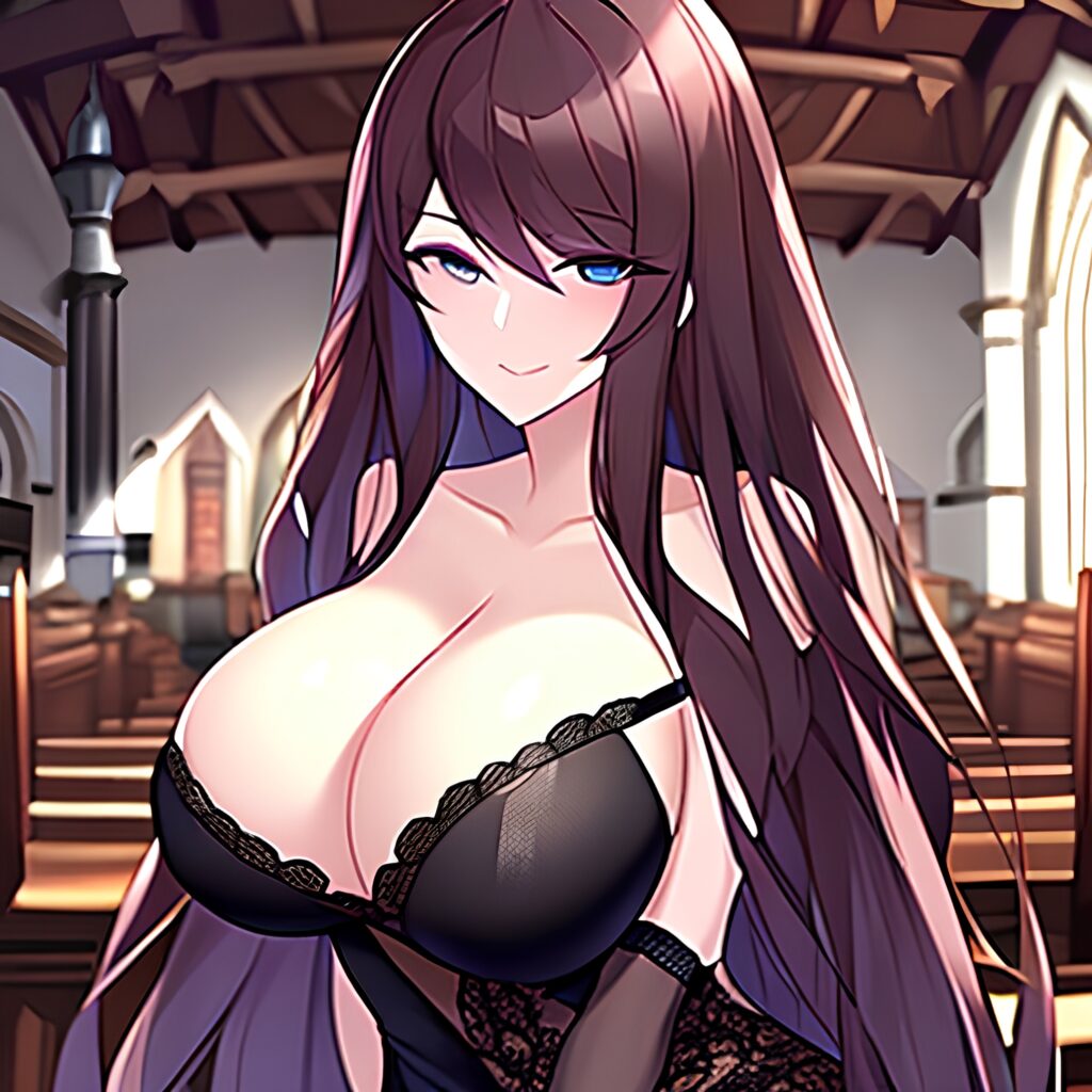 long hair brunette fishnet church woman messy hair