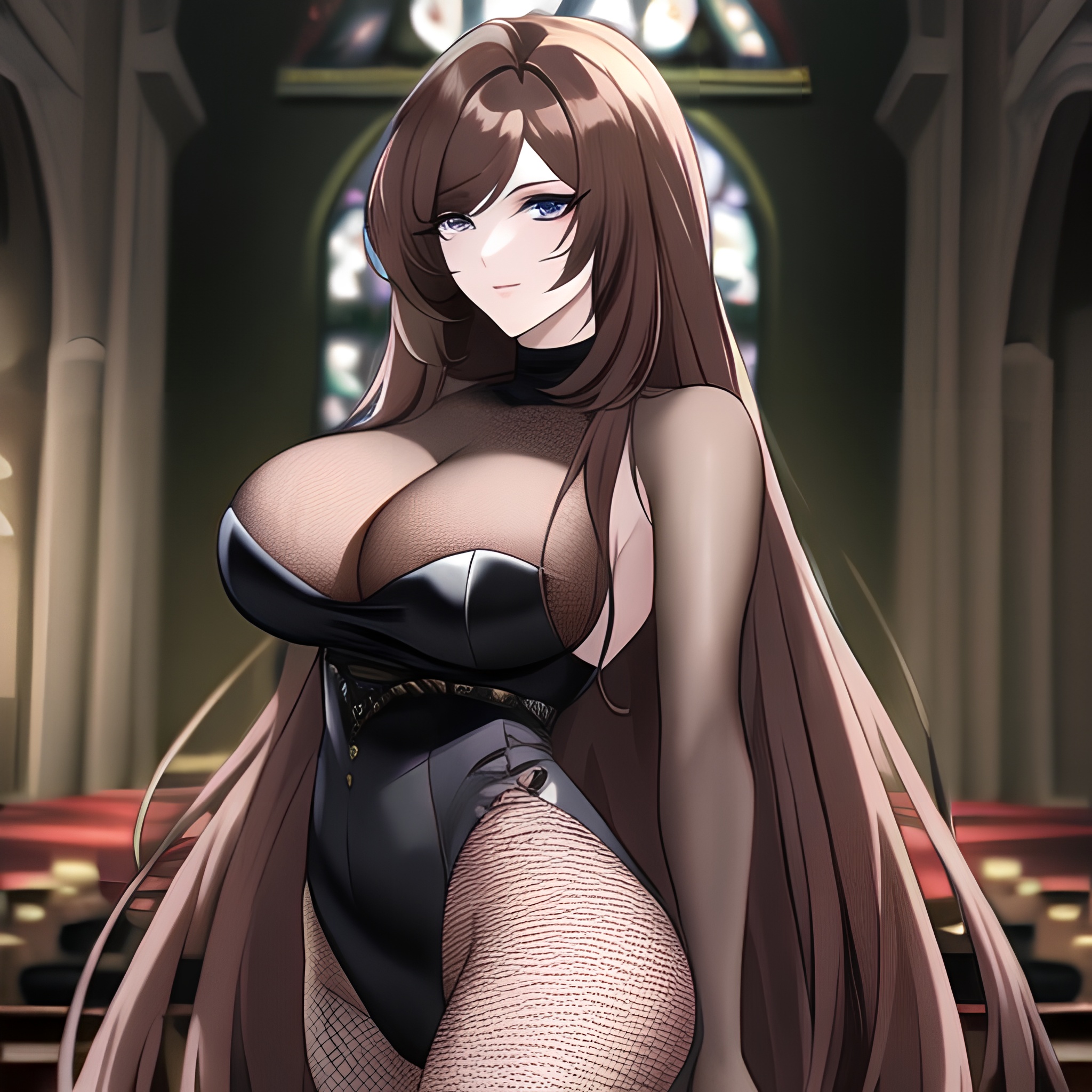 long hair brunette fishnet messy hair church woman 