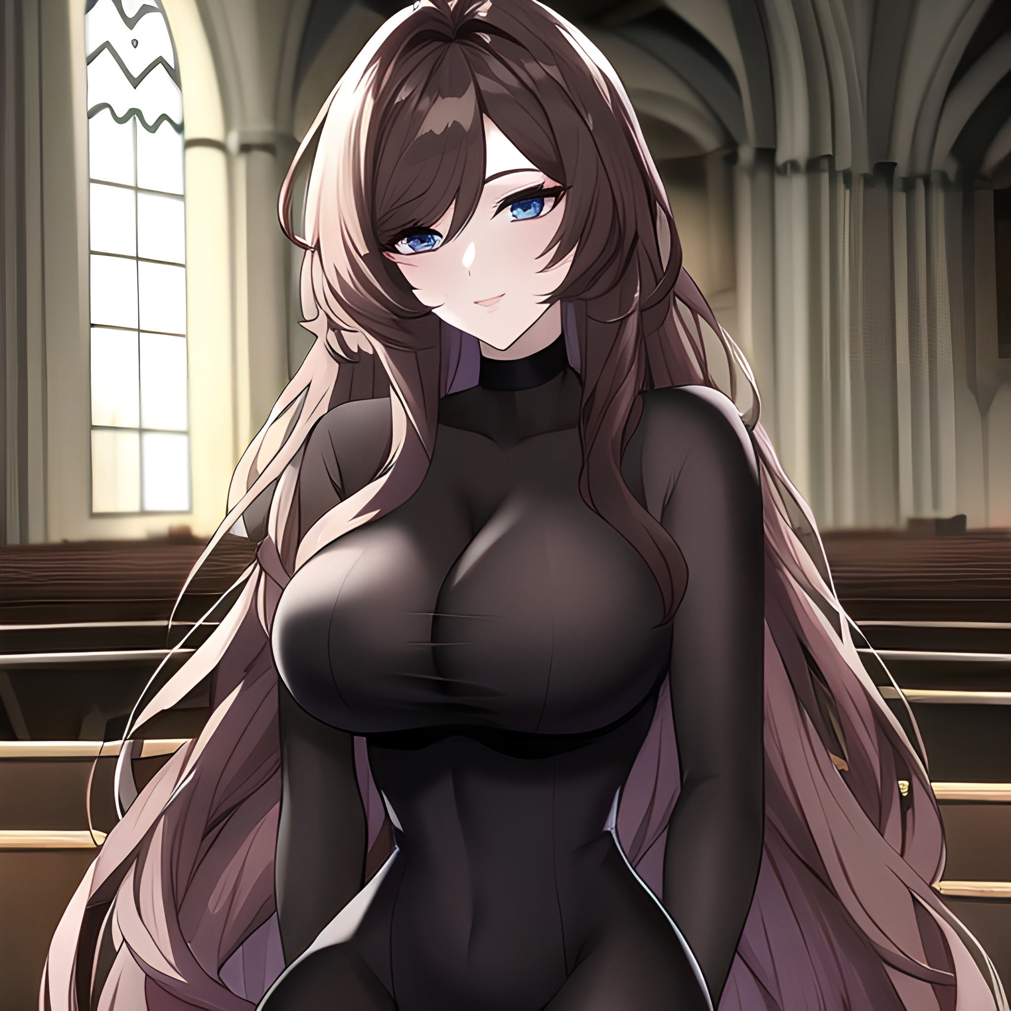 long hair brunette fishnet messy hair church woman 