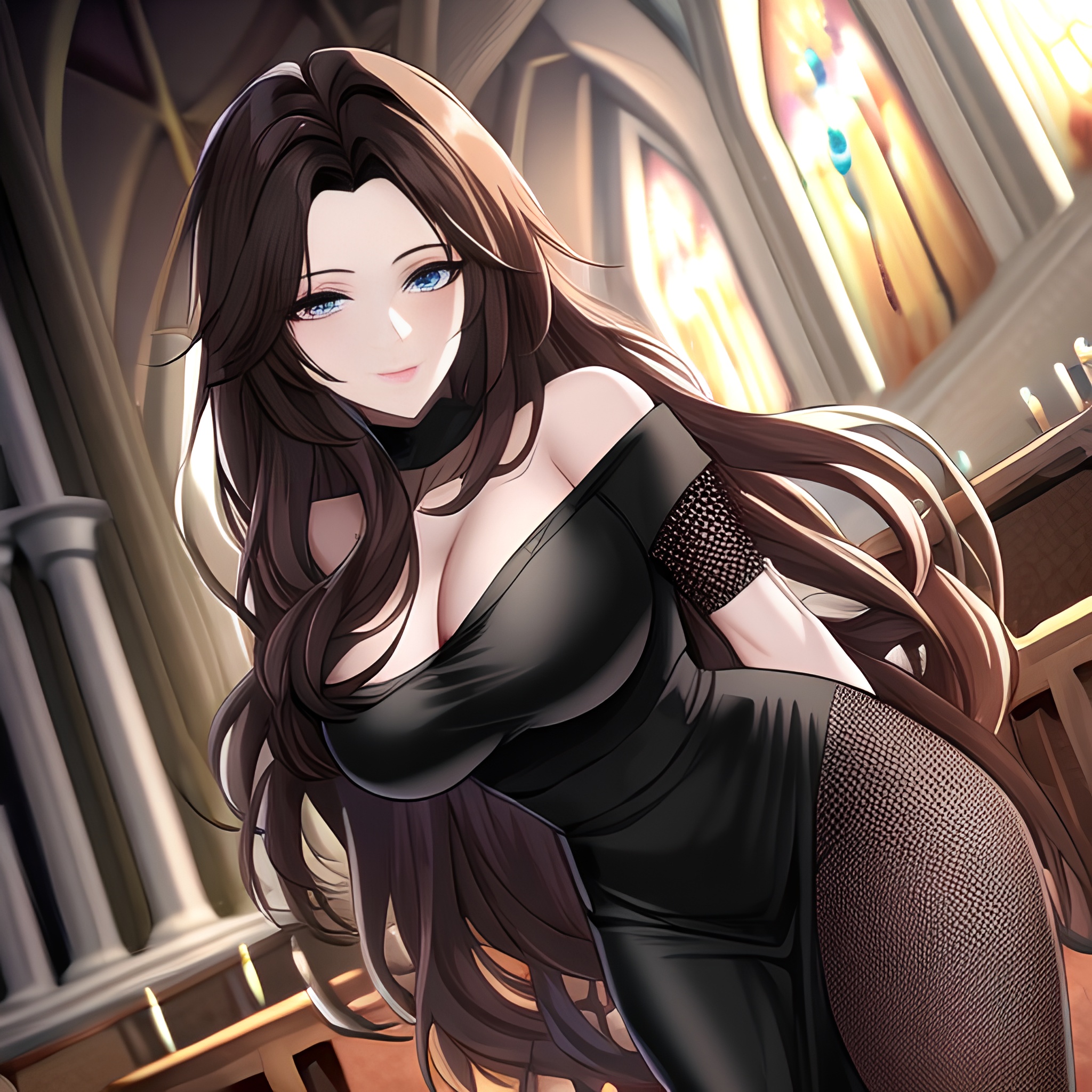 long hair brunette fishnet messy hair woman church