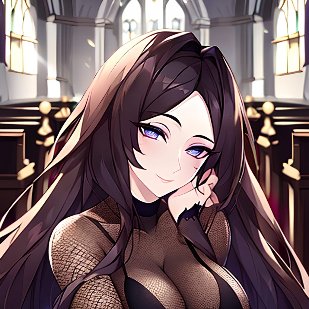 long hair brunette fishnet messy hair woman church 