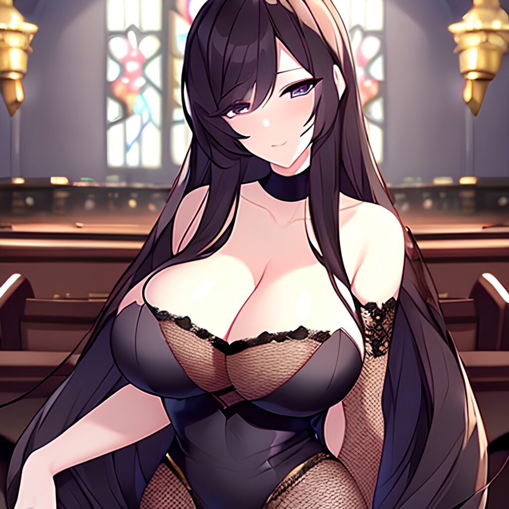 long hair brunette fishnet messy hair woman church
