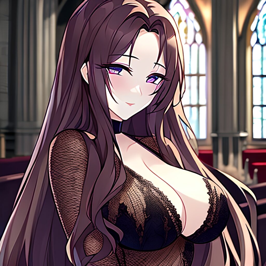 long hair brunette fishnet messy hair woman church