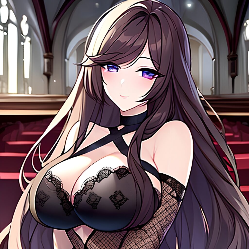 long hair brunette fishnet messy hair woman church 