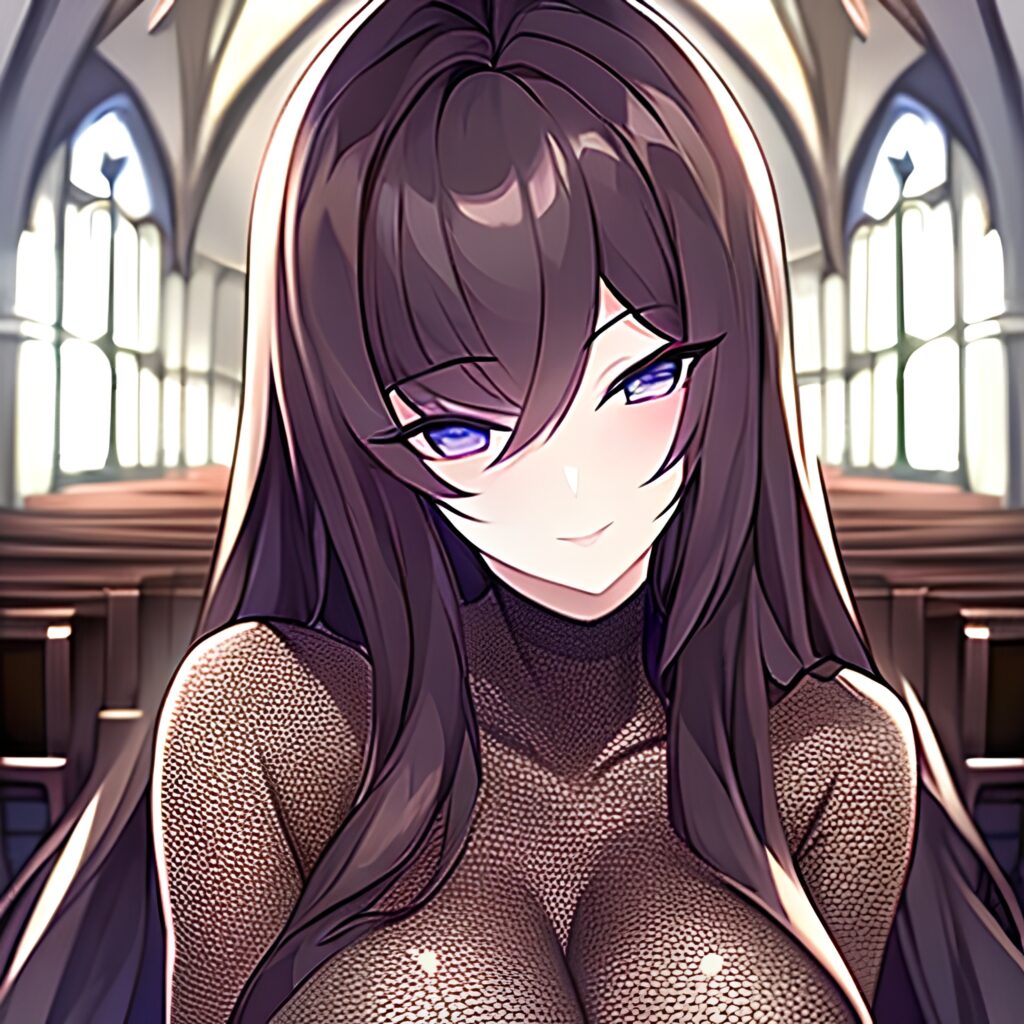 long hair brunette fishnet woman church messy hair 