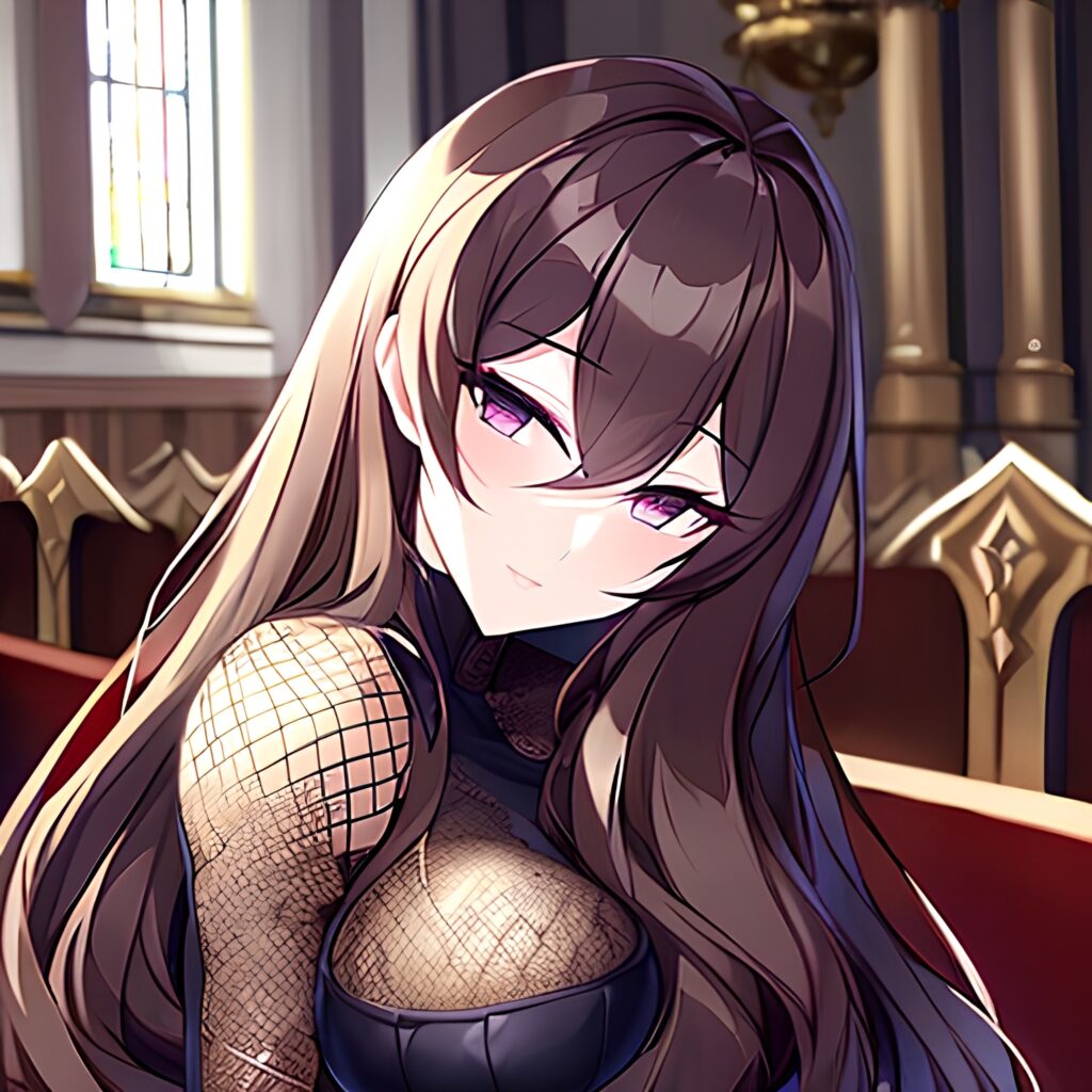 long hair brunette fishnet woman church messy hair 
