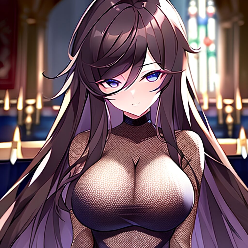long hair brunette fishnet woman church messy hair 