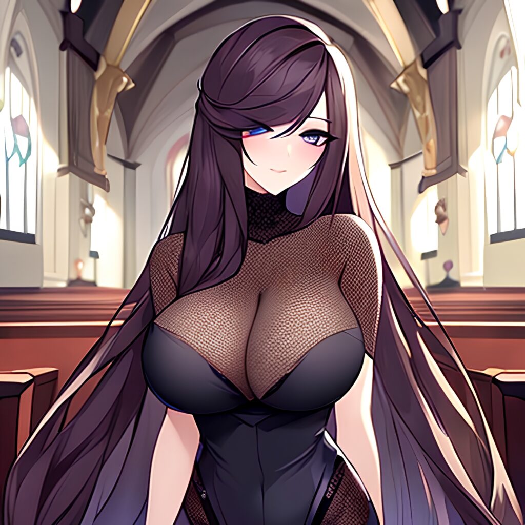 long hair brunette fishnet woman messy hair church
