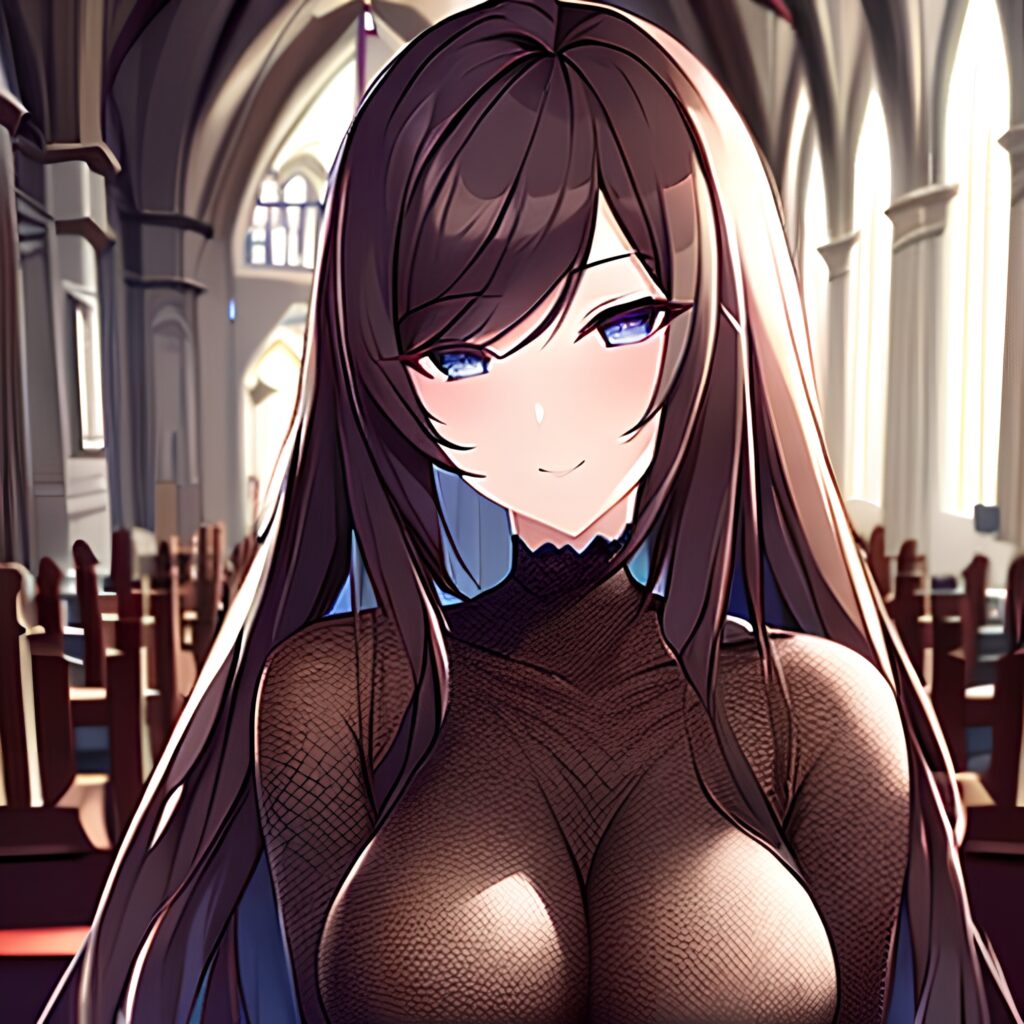 long hair brunette fishnet woman messy hair church