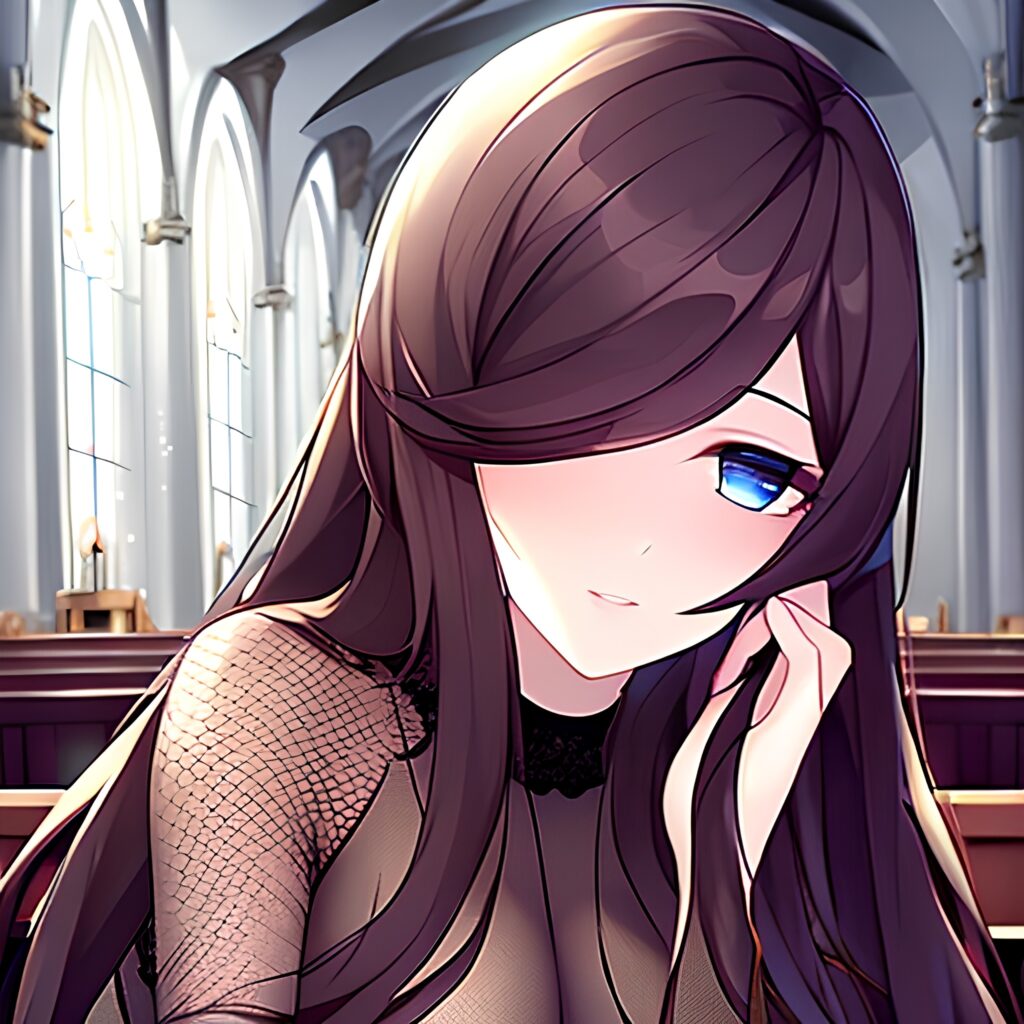 long hair brunette fishnet woman messy hair church