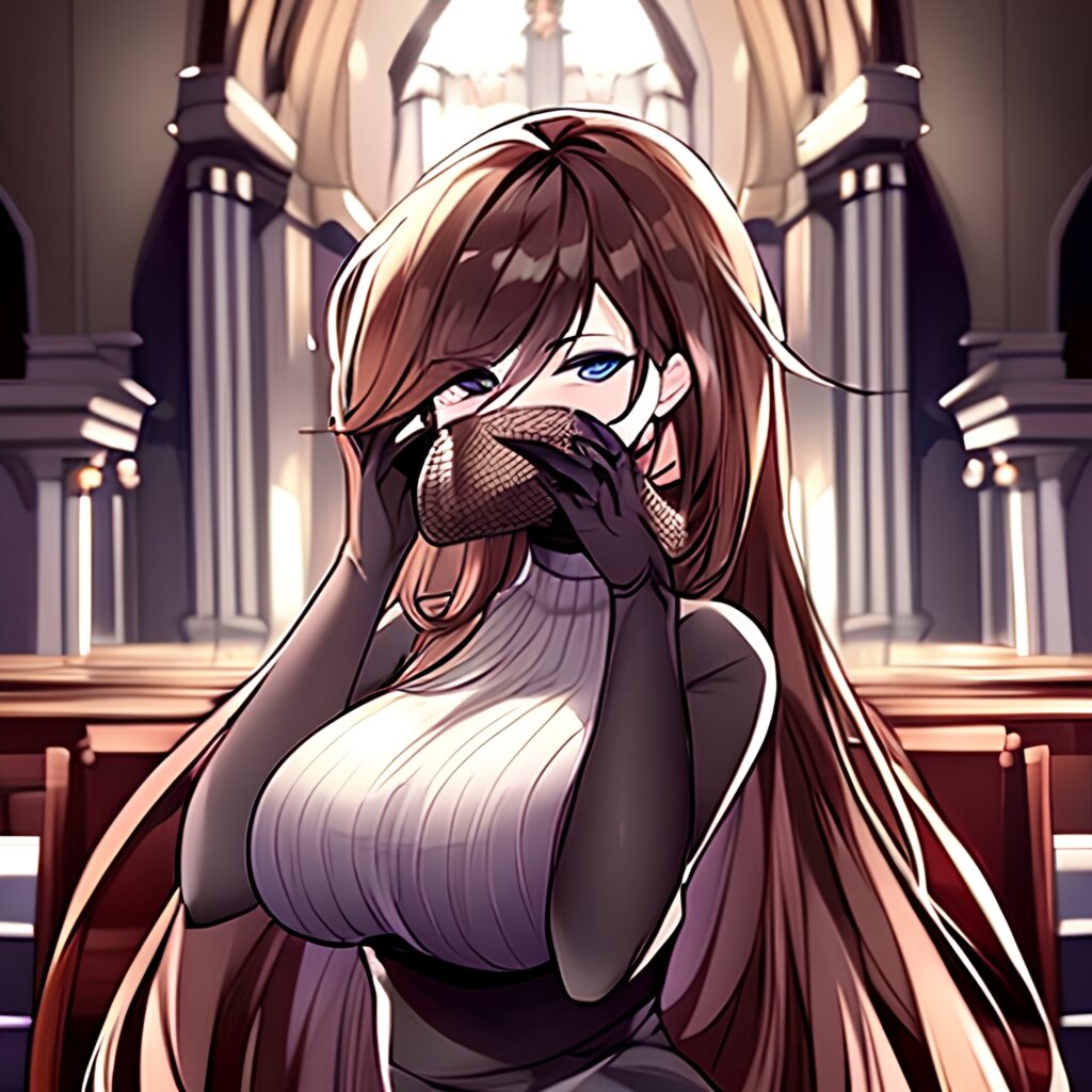 long hair brunette fishnet woman messy hair church