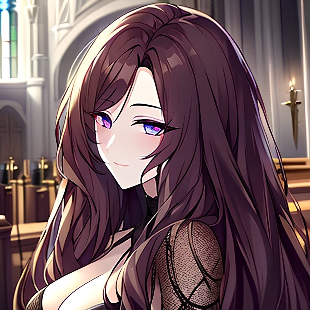 long hair brunette fishnet woman messy hair church