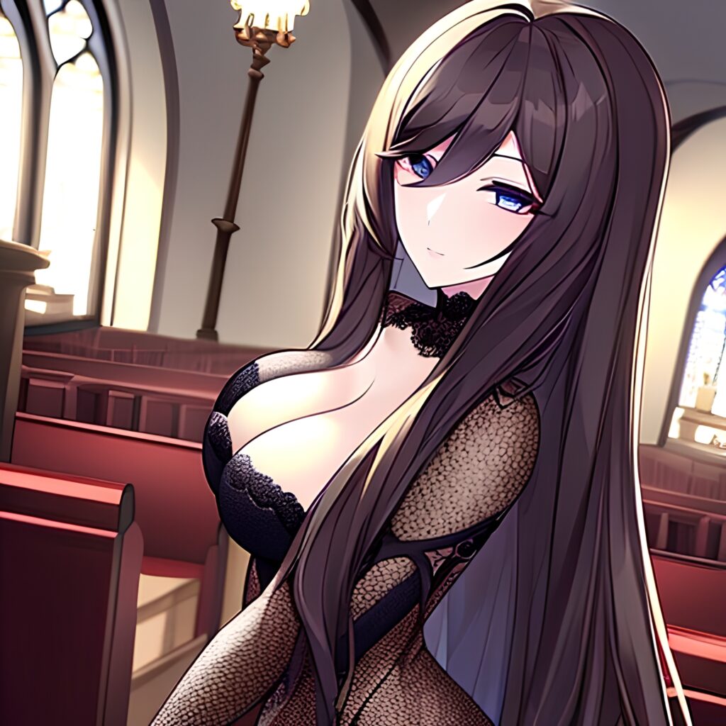 long hair brunette messy hair church fishnet woman 