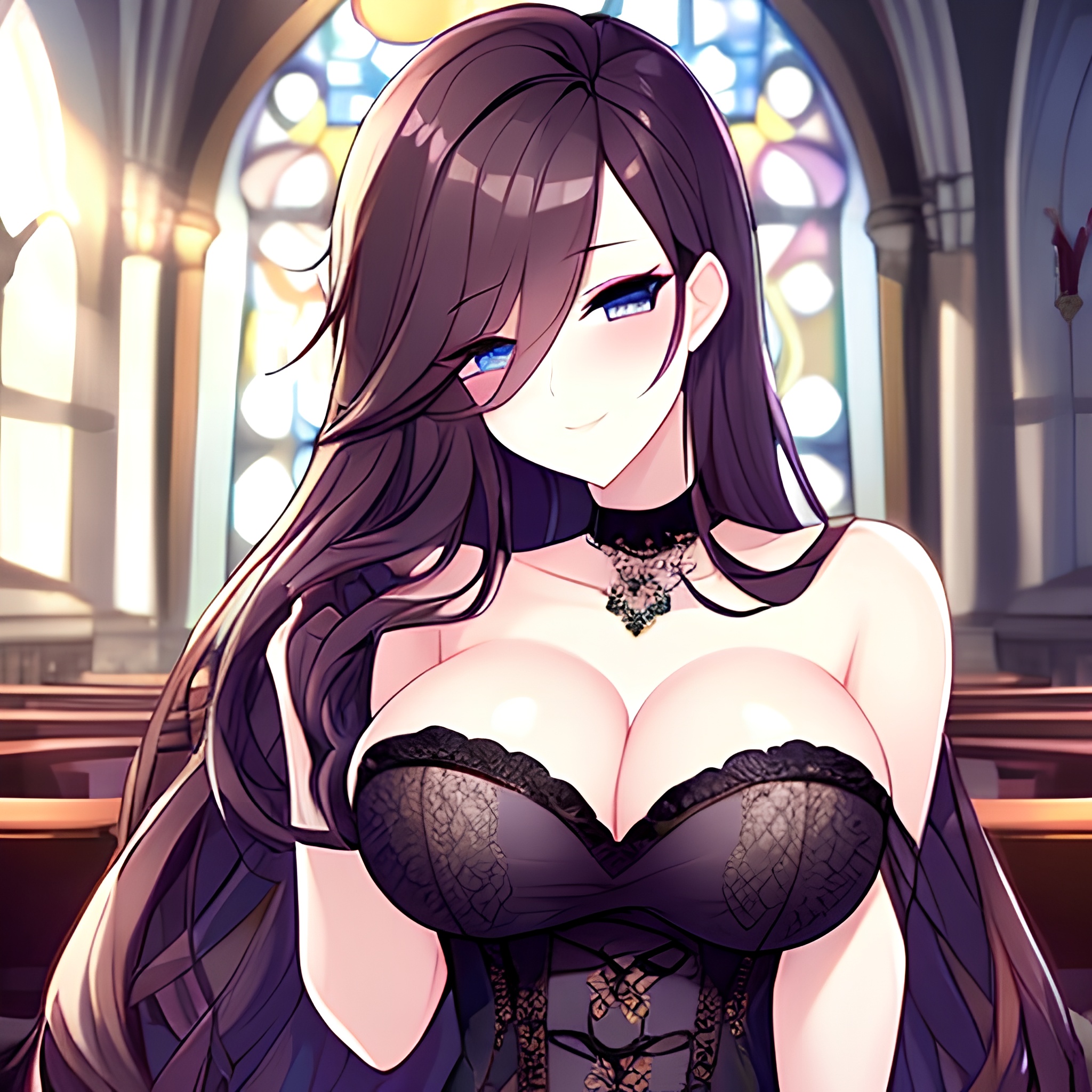 long hair brunette messy hair church woman fishnet
