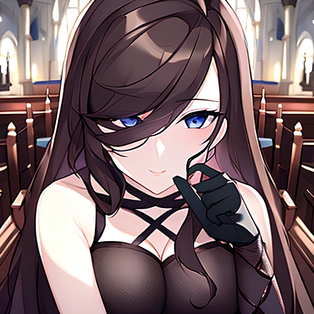 long hair brunette messy hair church woman fishnet 