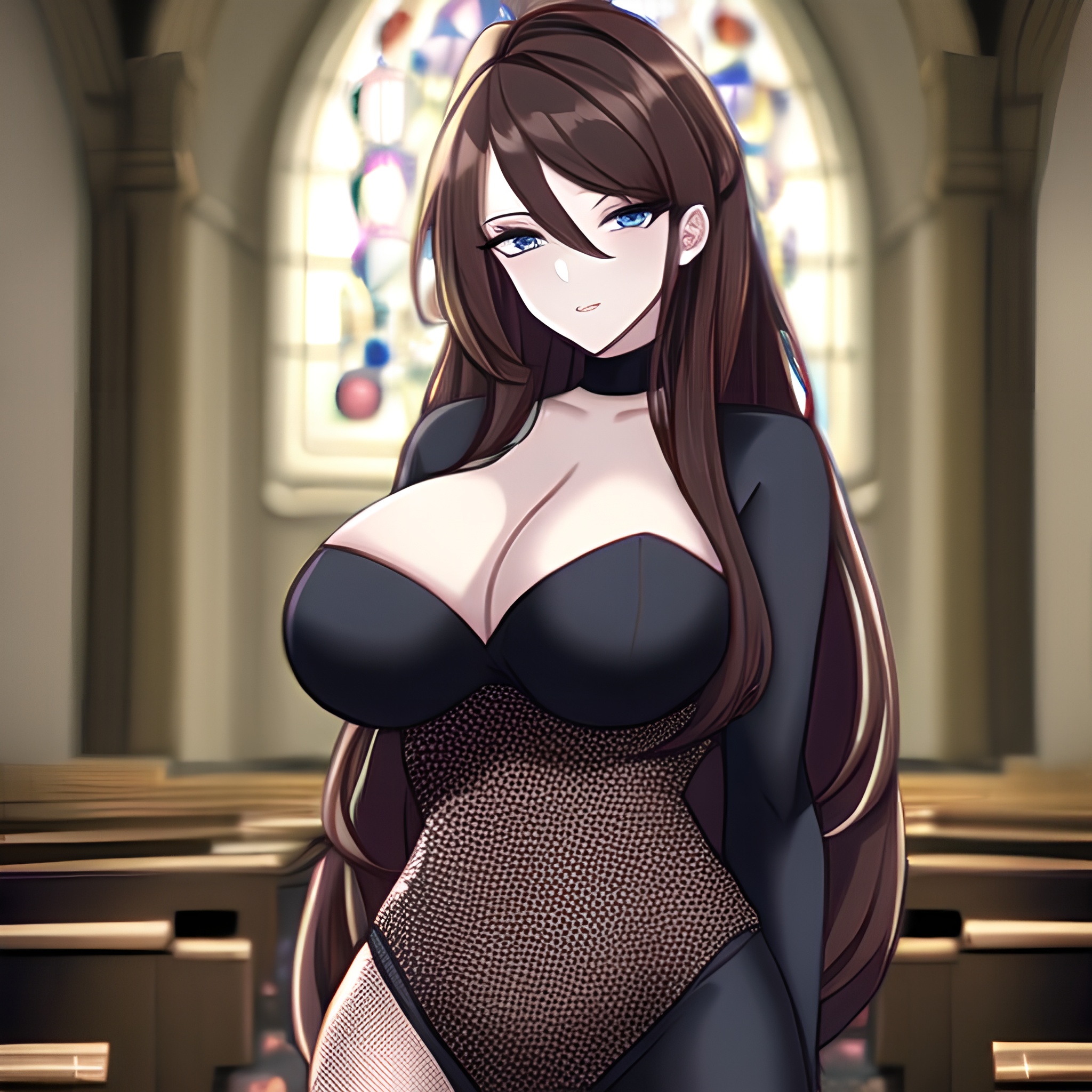 long hair brunette messy hair church woman fishnet 