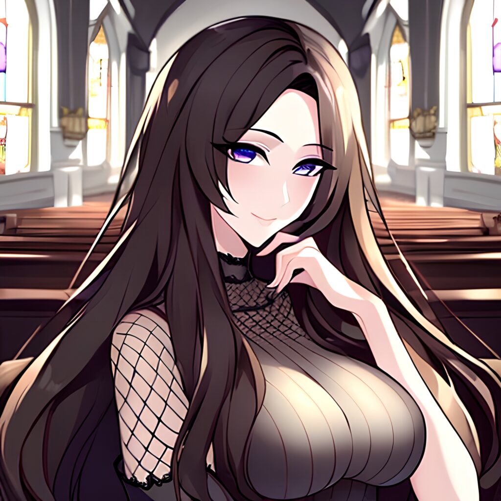 long hair brunette messy hair church woman fishnet 