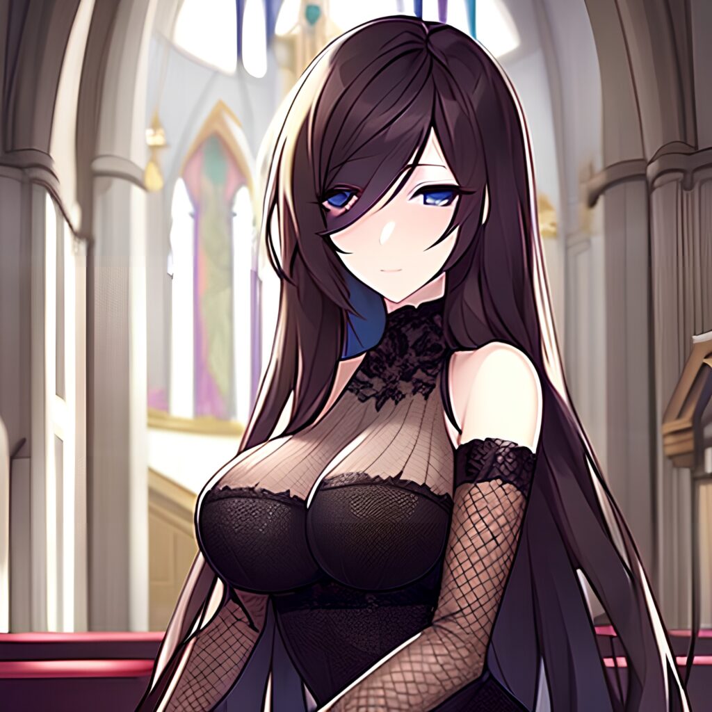 long hair brunette messy hair church woman fishnet 