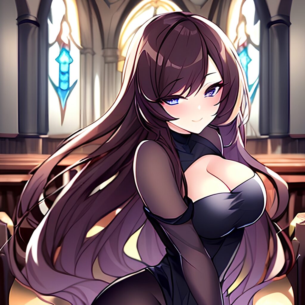 long hair brunette messy hair church woman fishnet 
