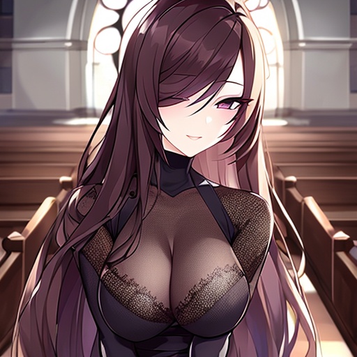 long hair brunette messy hair church woman fishnet 