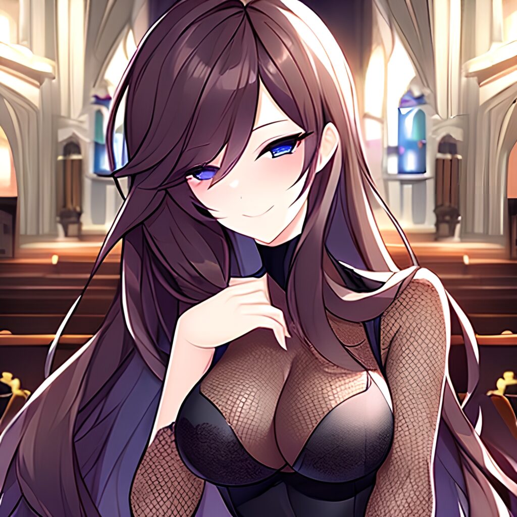 long hair brunette messy hair fishnet church woman 