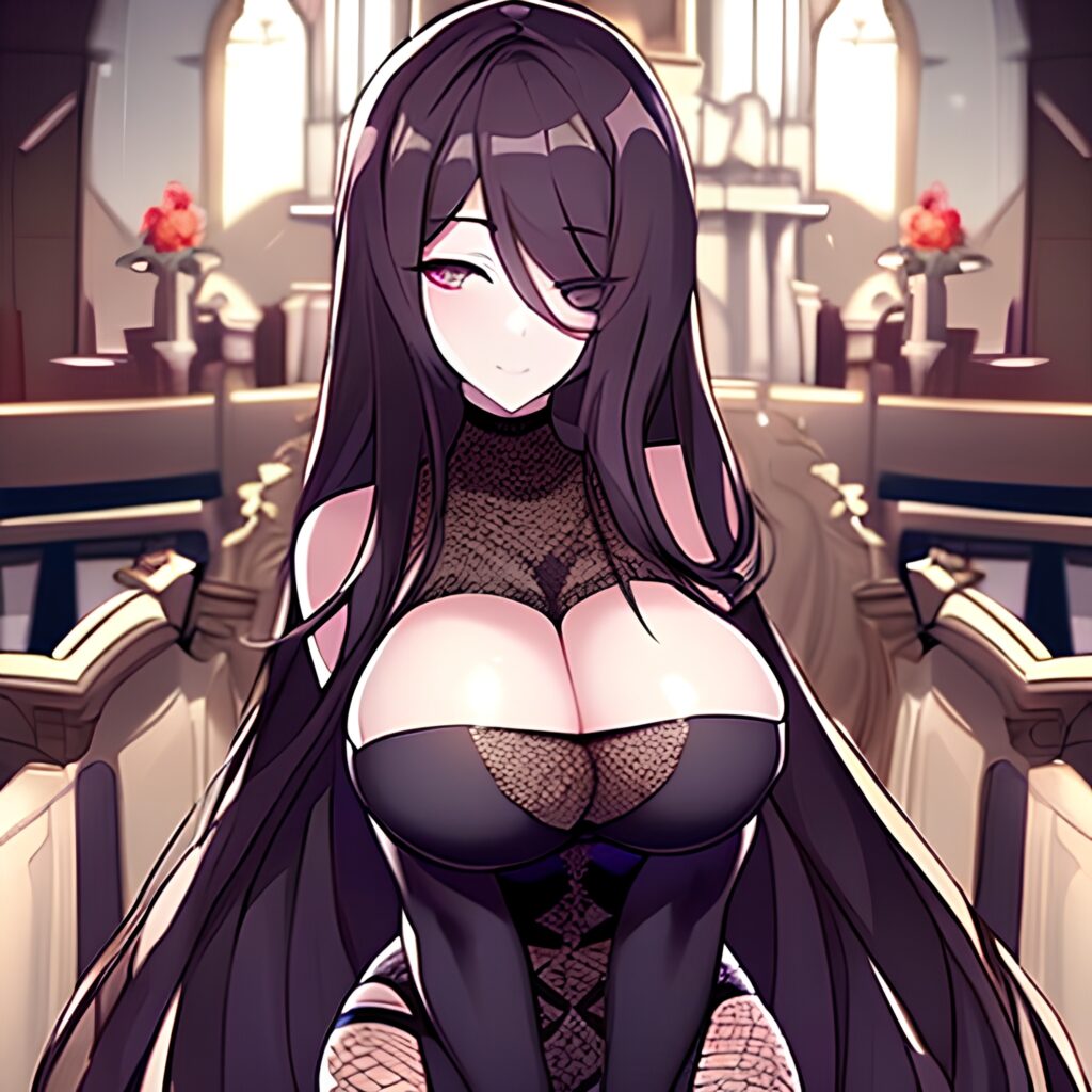 long hair brunette messy hair fishnet church woman 
