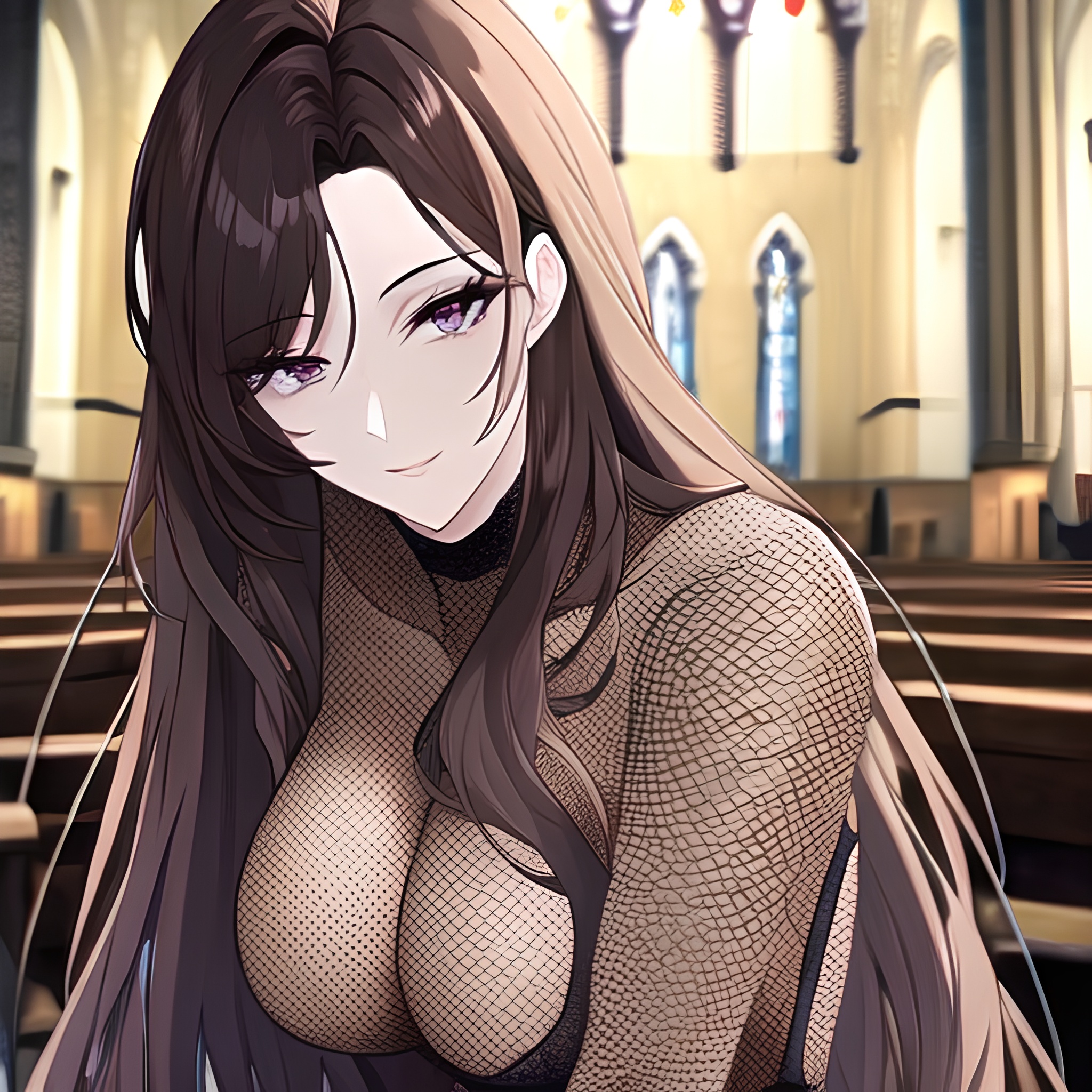 long hair brunette messy hair fishnet church woman