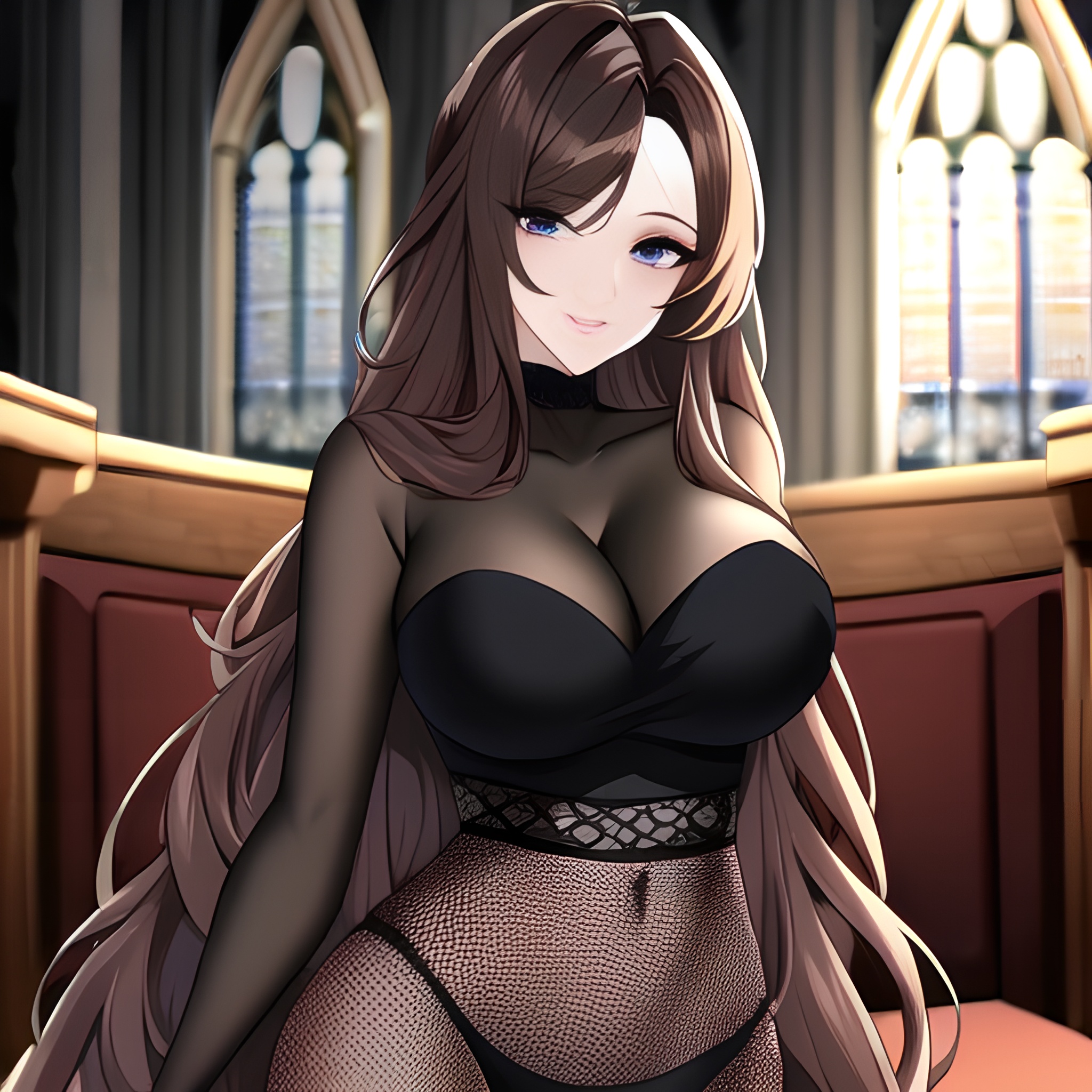 long hair brunette messy hair fishnet church woman